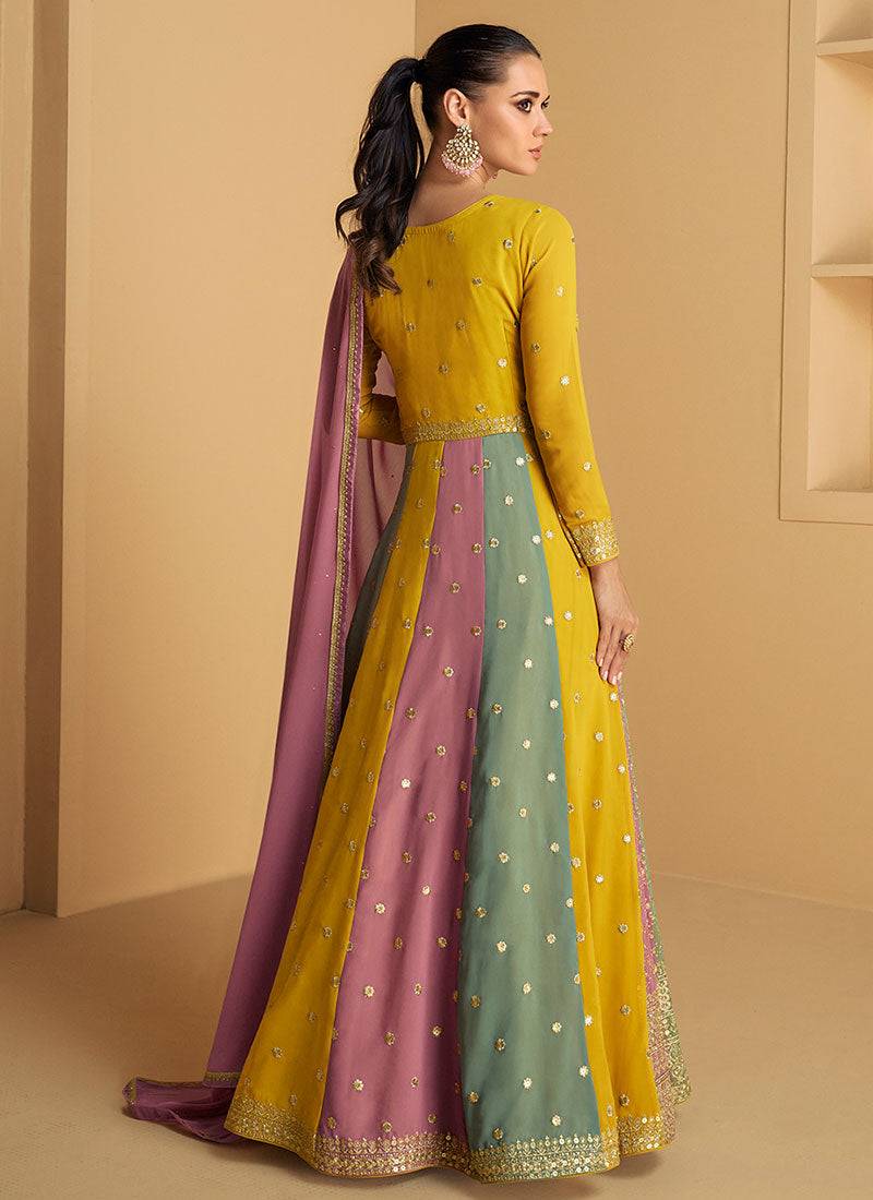 Buy Yellow Multicoloured Embroidered Designer Anarkali Dress In USA