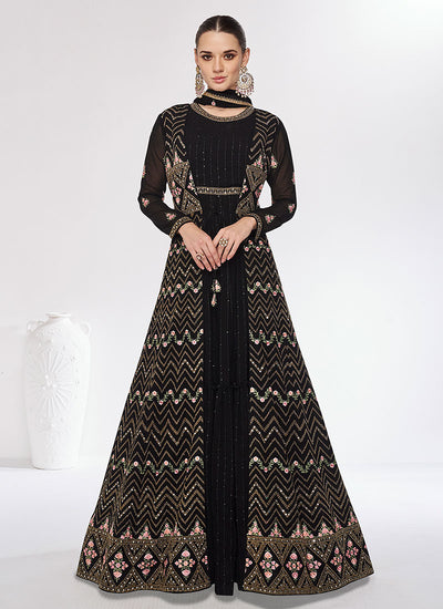 Black Multi Embroidery Jacket Style Festive Anarkali Gown
