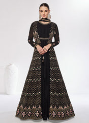 Black Multi Embroidery Jacket Style Festive Anarkali Gown