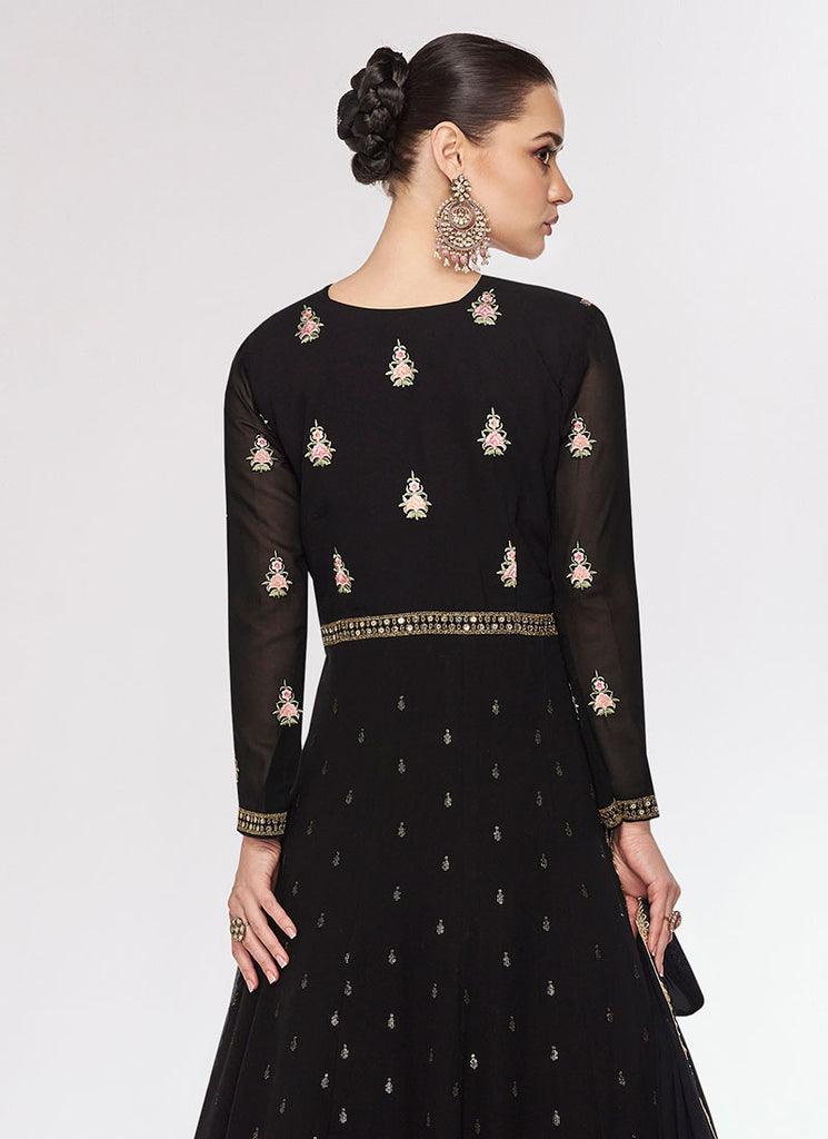 Black Multi Embroidery Jacket Style Festive Anarkali Gown