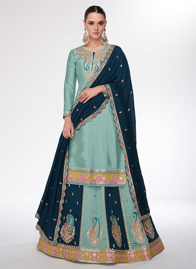 Turquoise Two Tone Multi Embroidery Lehenga Kurti And Dupatta