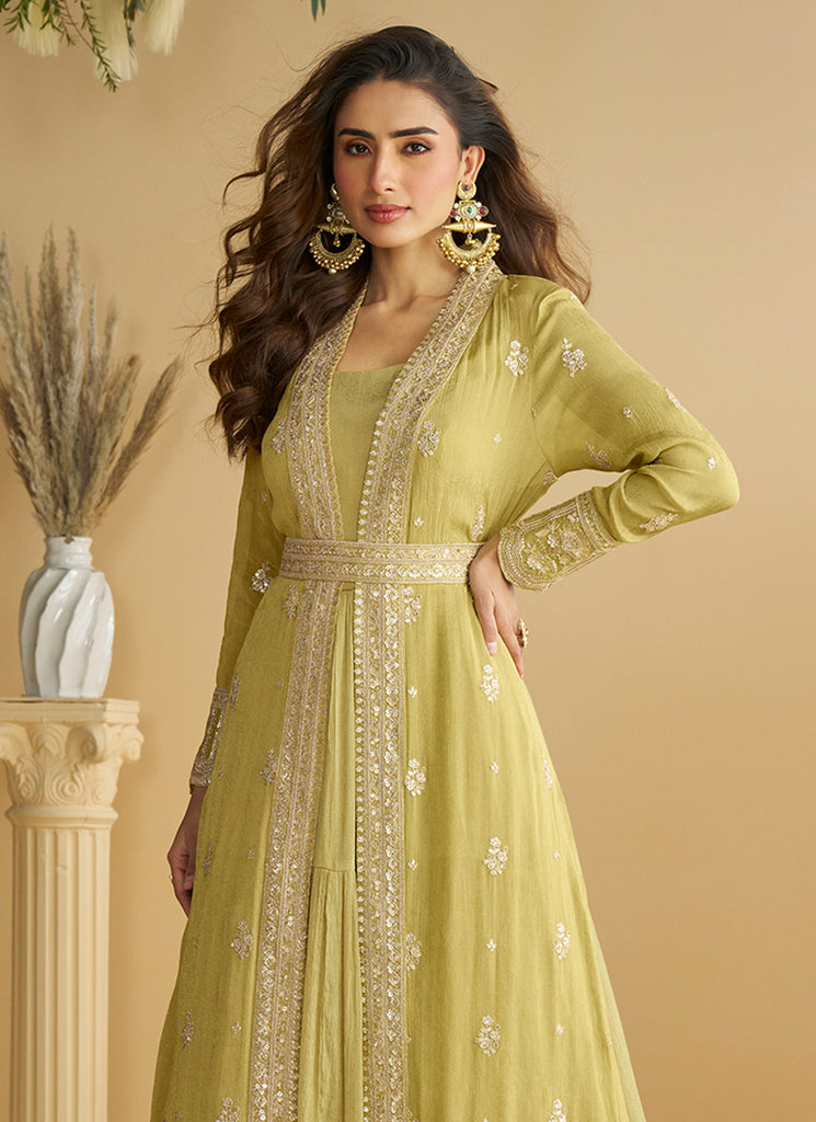Lime Green Embroidered Jacket Style Anarkali Dress xl Lime Green Embroidered Jacket Style Anarkali Dress xl