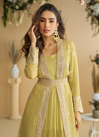 Lime Green Embroidered Jacket Style Anarkali Dress