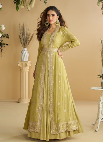 Lime Green Embroidered Jacket Style Anarkali Dress