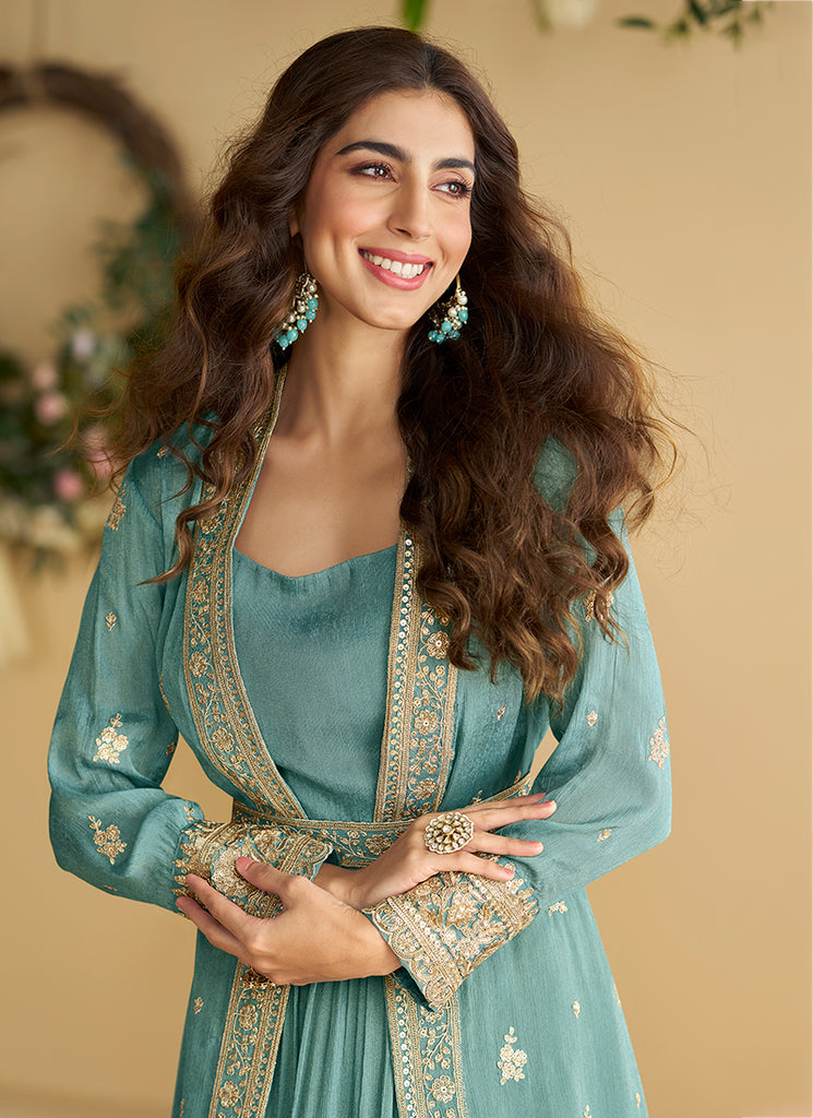 Buy Sky Blue Embroidered Jacket Style Anarkali Dress Online | Hatkay Buy Sky Blue Embroidered Jacket Style Anarkali Dress Online | Hatkay