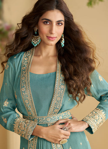 Sky Blue Embroidered Jacket Style Anarkali Dress