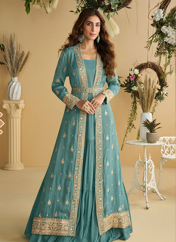 Sky Blue Embroidered Jacket Style Anarkali Dress