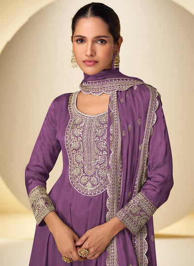 Purple Reshamkari Embroidery Anarkali Gharara Suit
