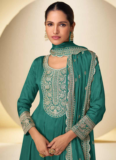 Dark Green Reshamkari Embroidery Anarkali Gharara Suit