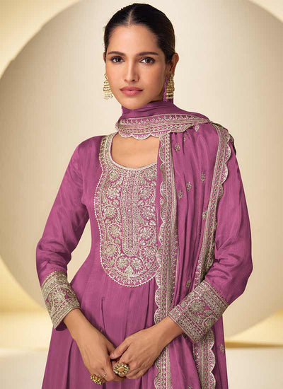 Rose Pink Reshamkari Embroidery Anarkali Gharara Suit