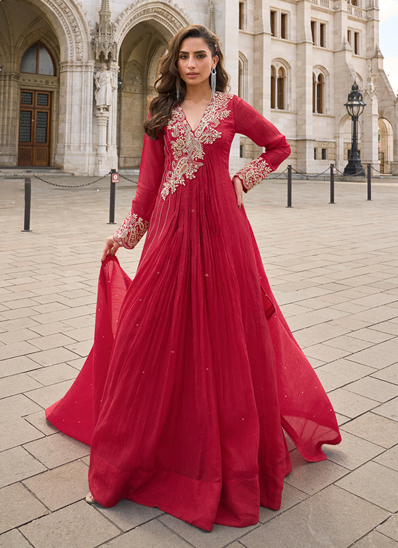 Crimson Red Hand Embroidery Designer Anarkali Gown
