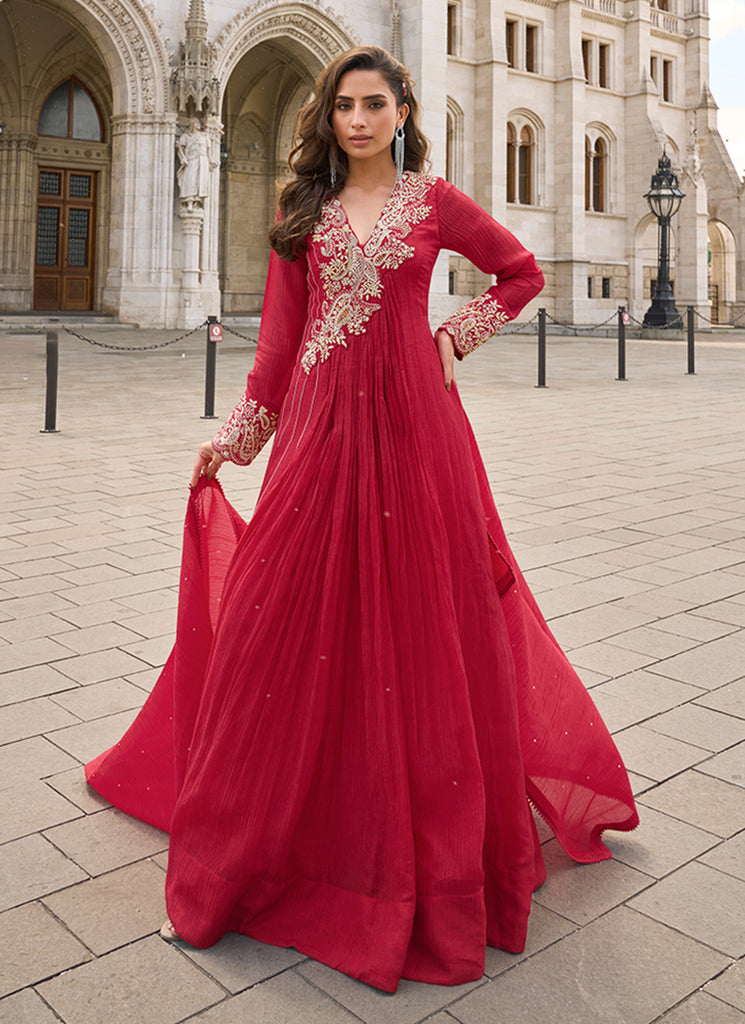 Crimson Red Hand Embroidery Designer Anarkali Gown
