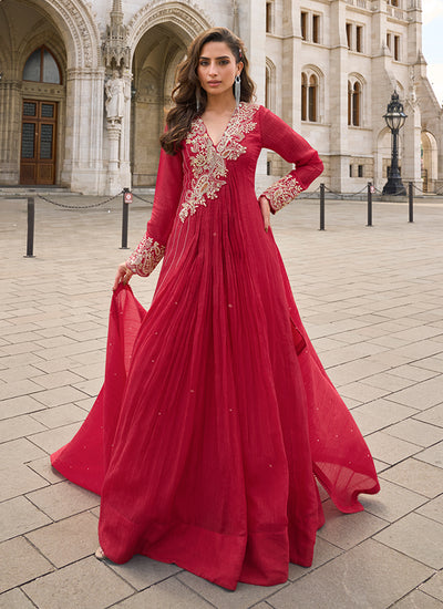 Crimson Red Hand Embroidery Designer Anarkali Gown