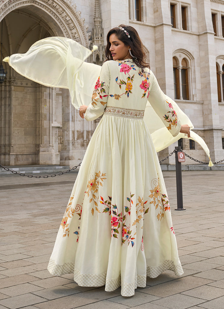 off white designer dress Off White Hand Embroidery Designer Anarkali Gown XS