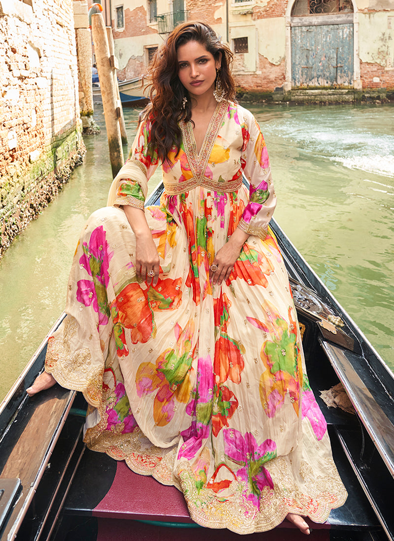 Cream Beige Embroidered Printed Anarkali Gown