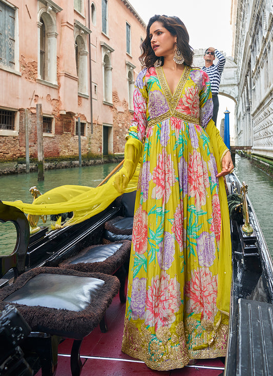 Yellow Embroidered Printed Anarkali Gown