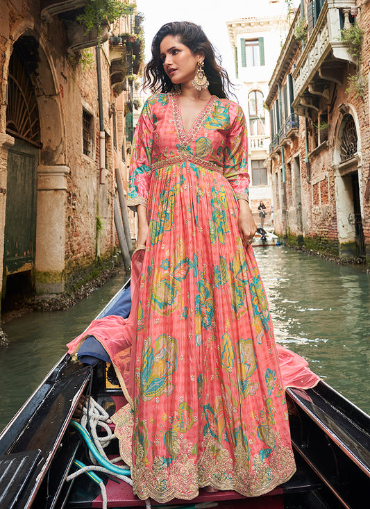 Peach Embroidered Printed Anarkali Gown