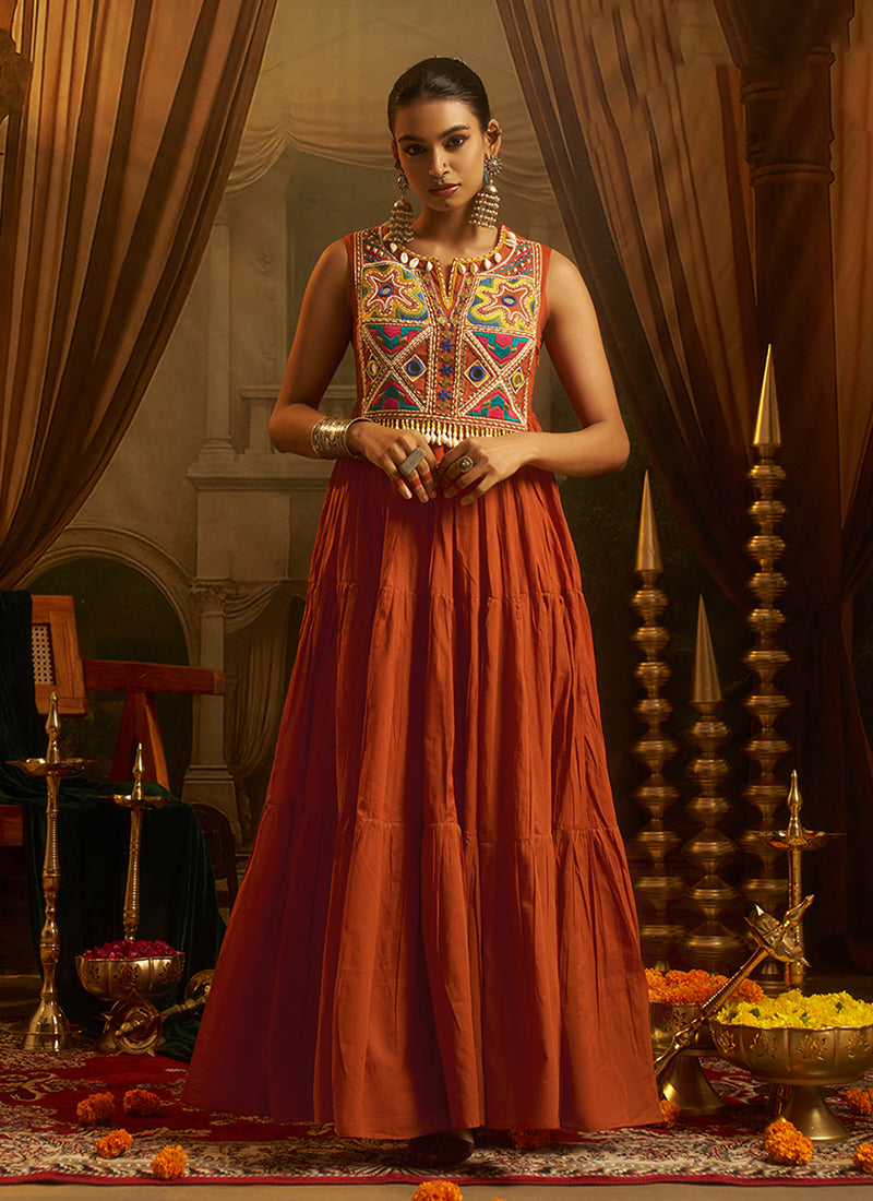 Rust Orange Multicolor Handwork Mul Cotton Gown