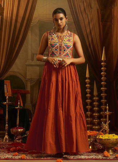 Rust Orange Multicolor Handwork Mul Cotton Gown