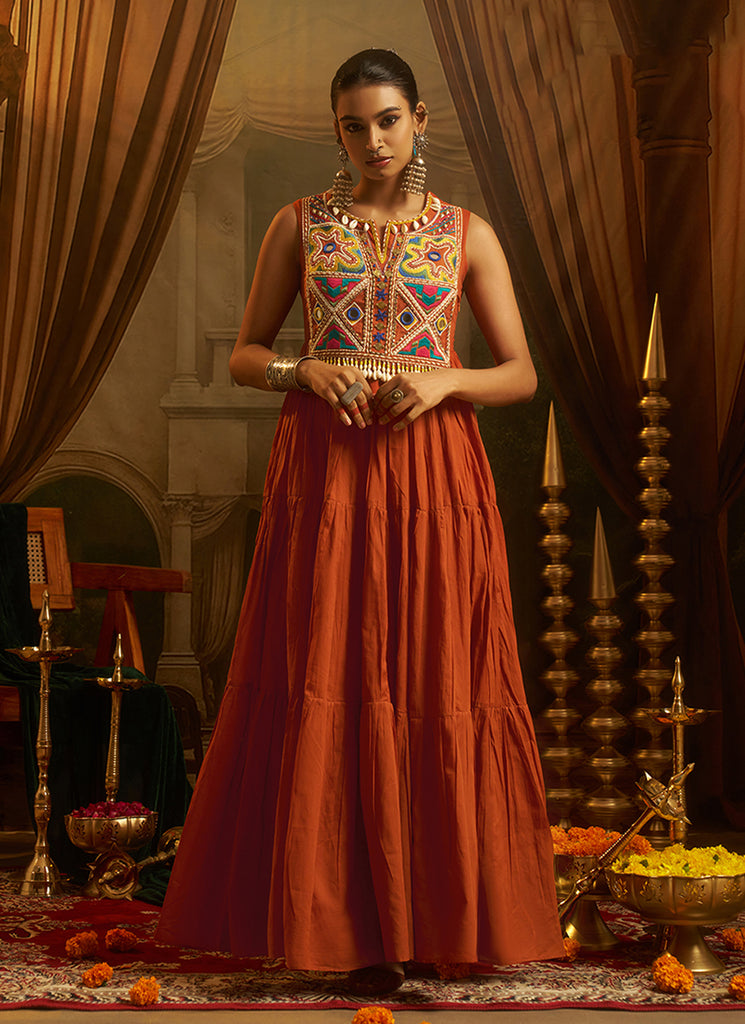 Rust Orange Multicolor Handwork Mul Cotton Gown