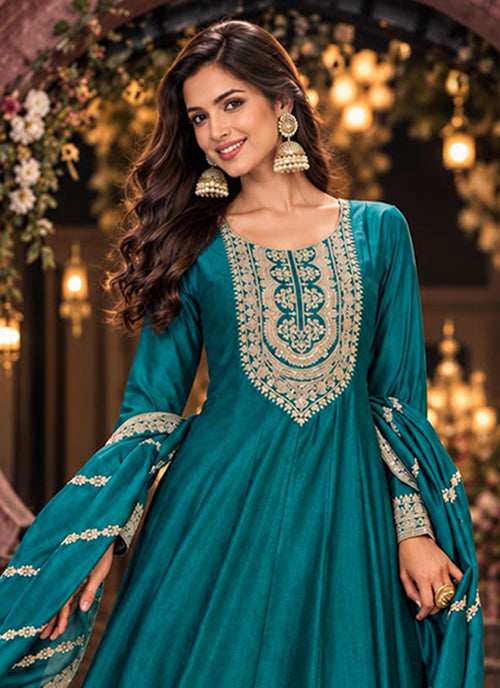 Shop Teal Blue Anarkali Online In USA