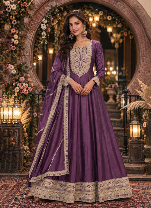 Purple Embroidered Silk Anarkali Gown