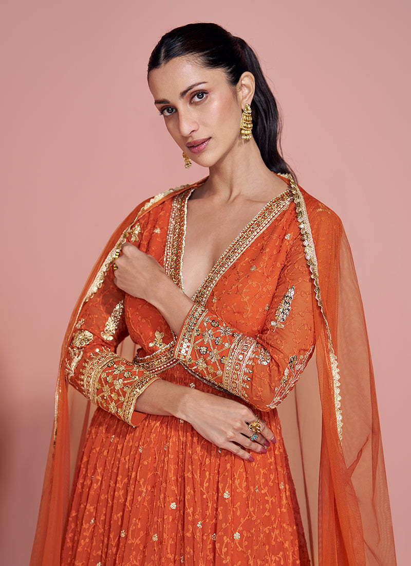 Buy Orange Festive Anarkali Gown In UK