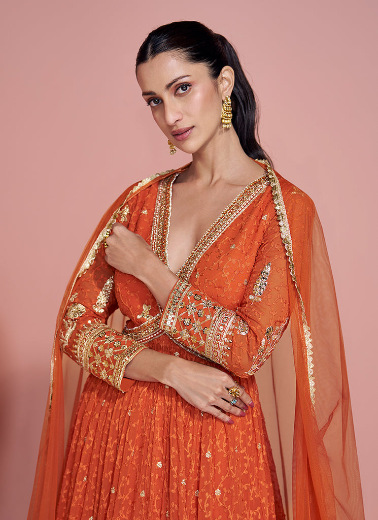 Buy Orange Festive Anarkali Gown In UK