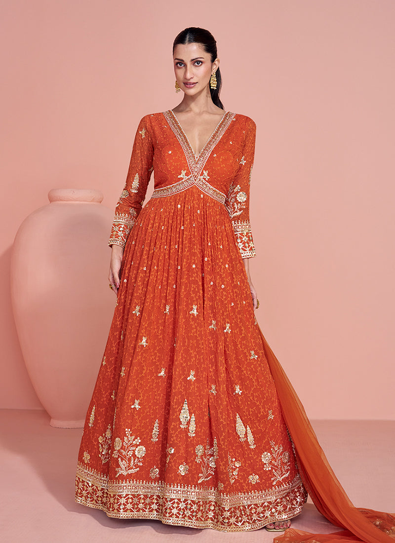 Orange Embroidery Festive Anarkali Gown And Dupatta