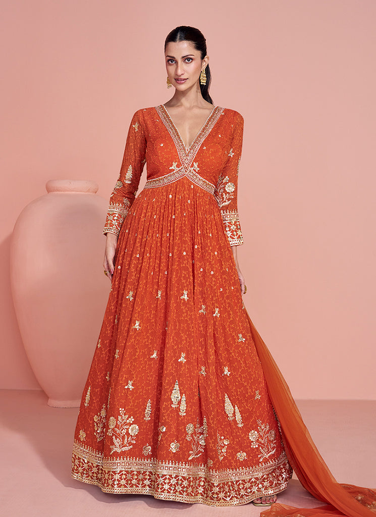 Orange Embroidery Festive Anarkali Gown And Dupatta