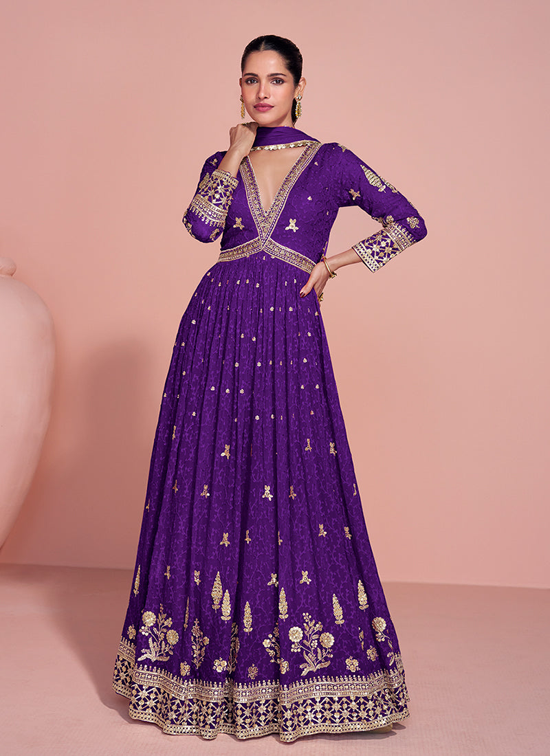 Purple Embroidery Festive Anarkali Gown And Dupatta