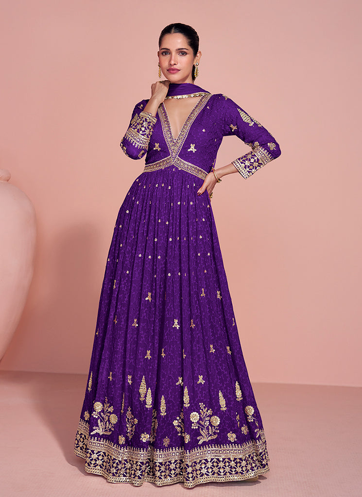 Purple Embroidery Festive Anarkali Gown And Dupatta