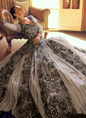 Silver Black Hand-Embroidered Silk Anarkali Gown