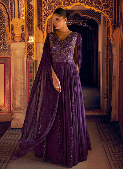 Plum Anarkali Suit In USA & Canada Online At Hatkay