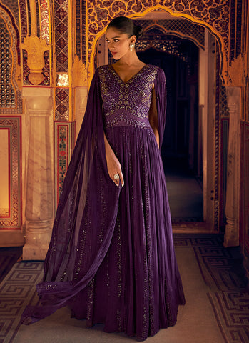 Plum Hand-Embroidered Cape Sleeve Anarkali Gown