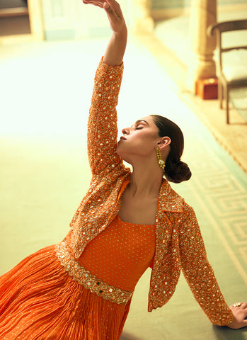Orange Mirror Embroidered Anarkali Gown with Jacket