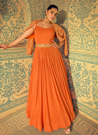 Orange Mirror Anarkali Gown With Jacket