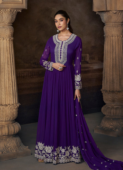 Indigo Traditional Embroidered Georgette Anarkali Gown