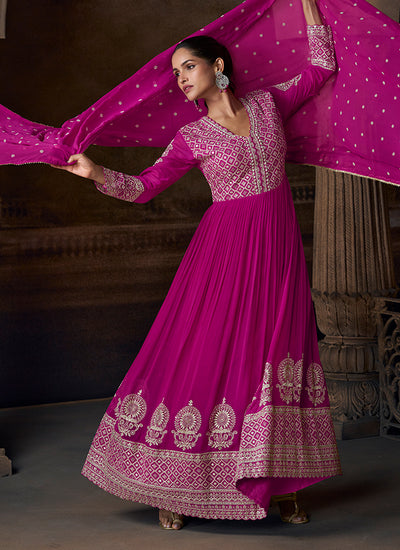 Magenta Traditional Embroidered Georgette Anarkali Gown