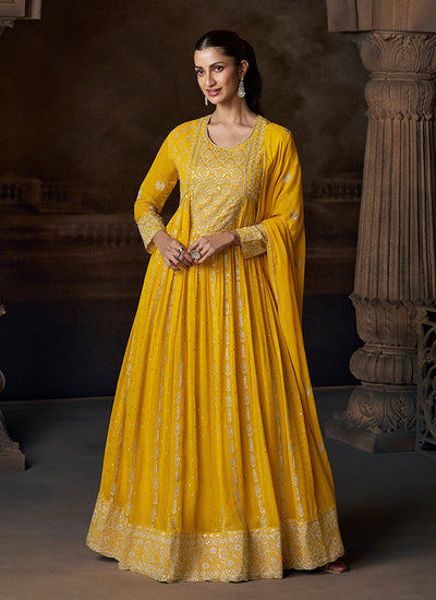 Yellow Traditional Embroidered Georgette Anarkali Gown