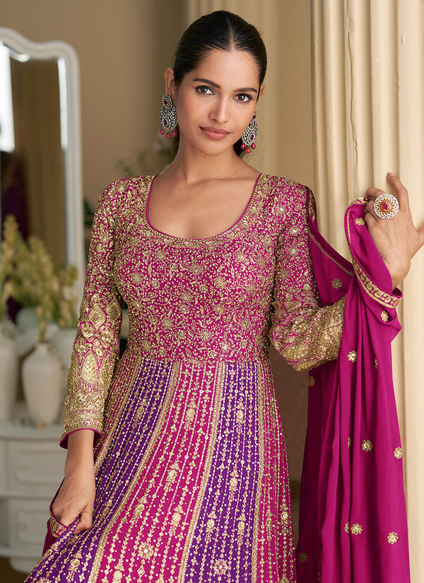 Magenta And Purple Traditional Embroidery Anarkali Gown
