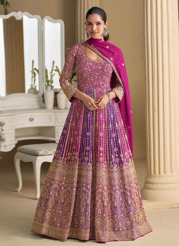 Magenta And Purple Traditional Embroidery Anarkali Gown