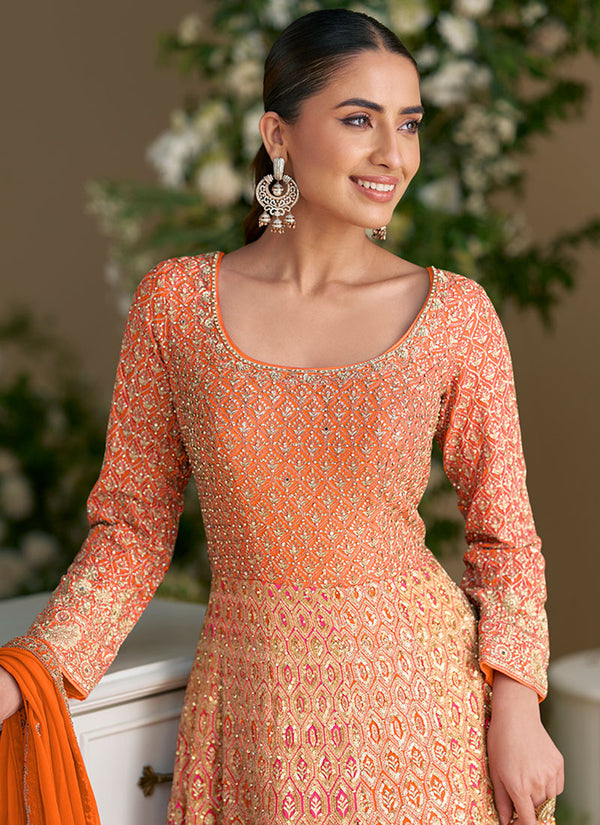 Orange And Pink Traditional Embroidery Anarkali Gown