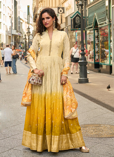Yellow Ombré Traditional Embroidery Anarkali Gown
