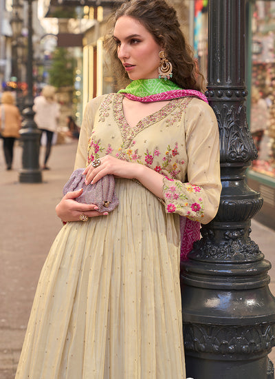 Beige Multi Floral Embroidery Anarkali Gown