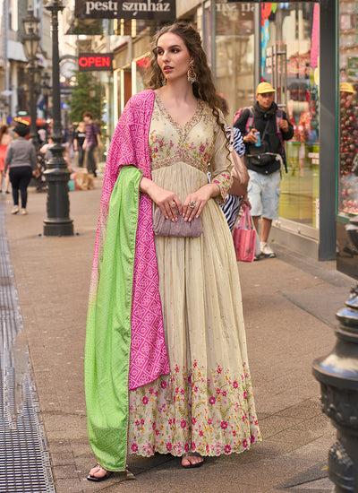 Beige Multi Floral Embroidery Anarkali Gown