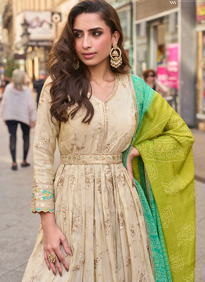 Cream Beige Traditional Embroidery Anarkali Gown