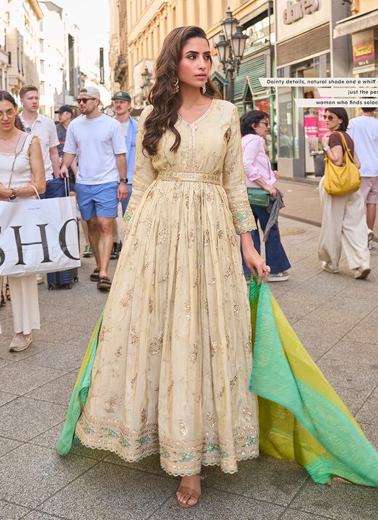 Buy Cream Beige Traditional Embroidery Anarkali Gown Online | Hatkay Buy Cream Beige Traditional Embroidery Anarkali Gown Online | Hatkay