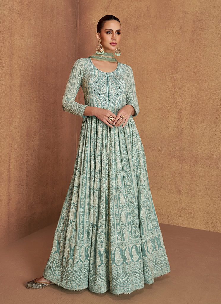 Firozi Blue Lucknowi Embroidery Anarkali Gown And Dupatta