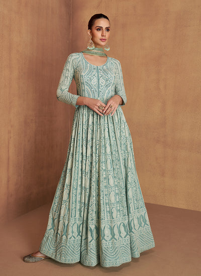 Firozi Blue Lucknowi Embroidery Anarkali Gown And Dupatta